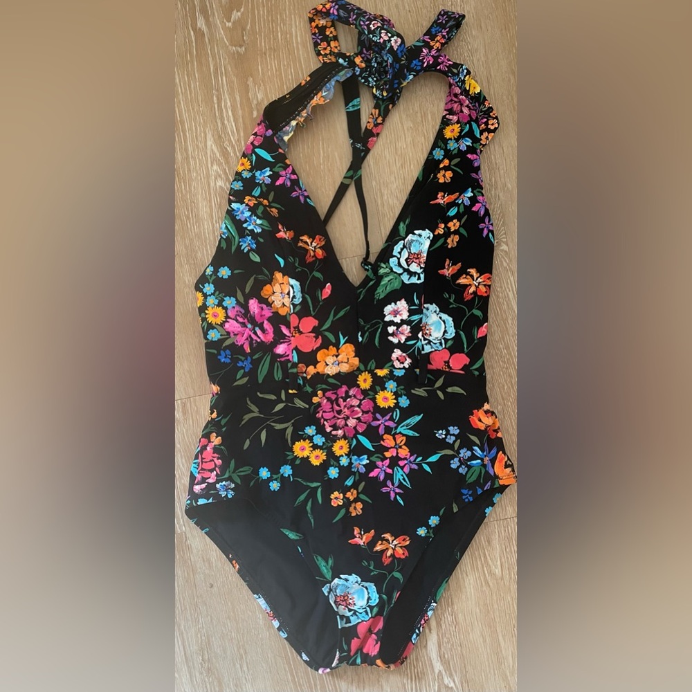 Skinny Dippers black floral halter cross cross back adjustable straps padded; L